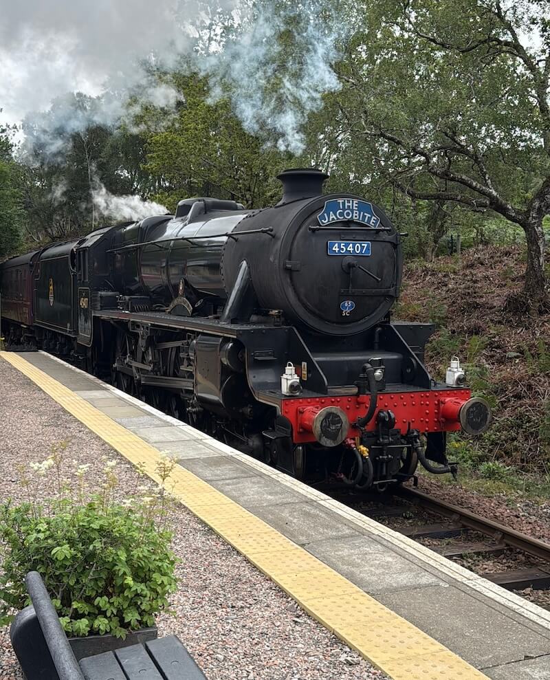 A black steam locomotive named “The Jacobite” with the number 45407 rests at a rural station platform, emitting steam against a backdrop of trees and gravel. The front of the train is detailed with red and metal components.