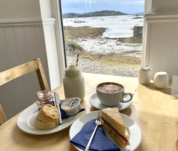 indoor table and view at boathouse cafe Arisaig
