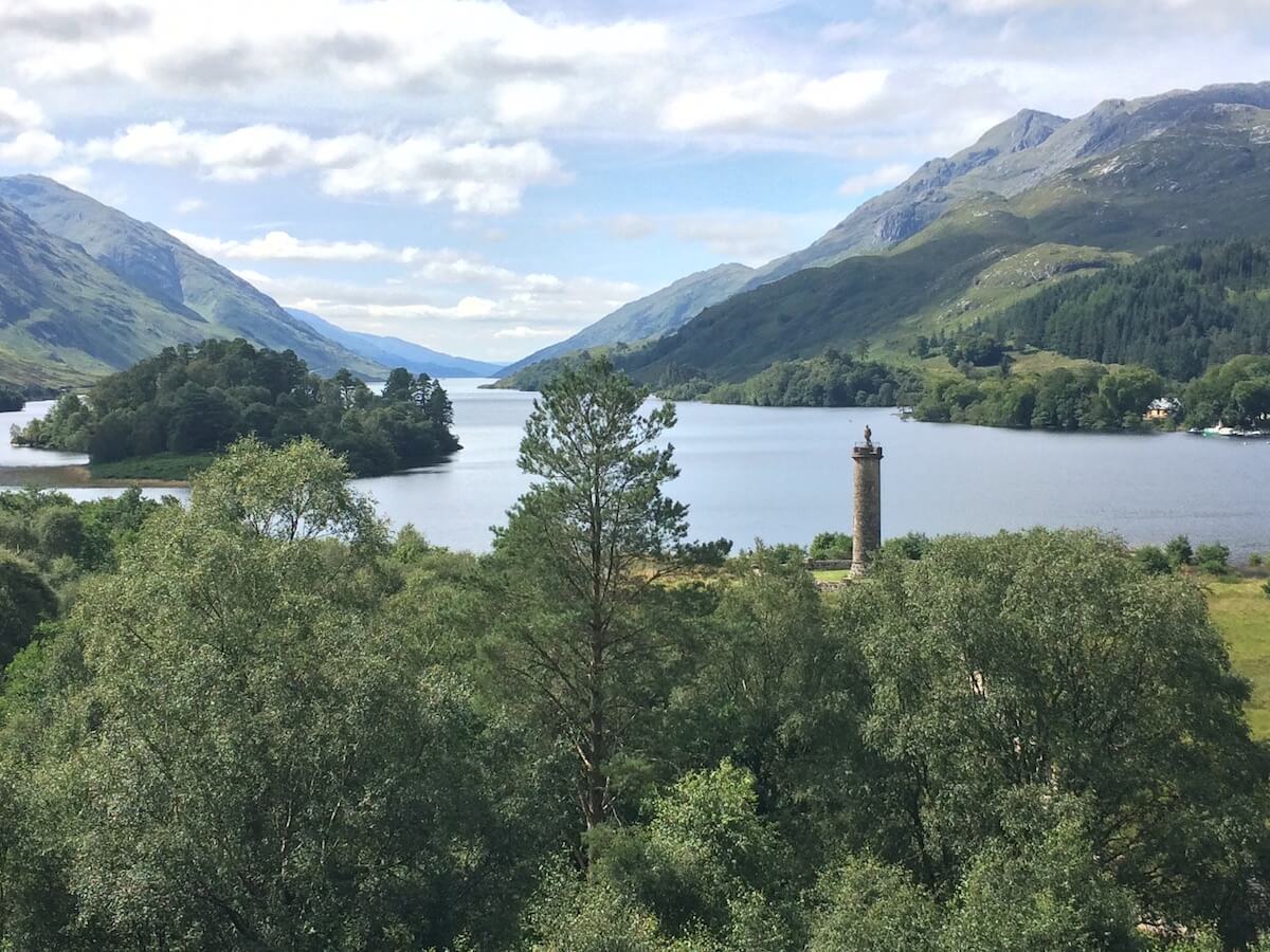 view of Glenfinnan monument and Loch Sheil from hill