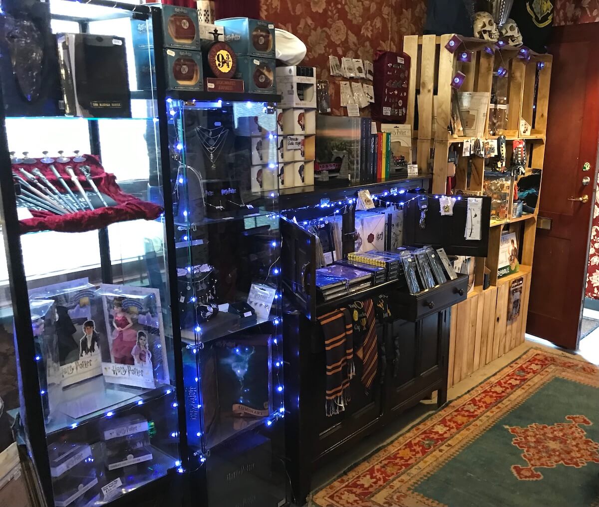 Shelves stocking a variety of Harry potter merchandise