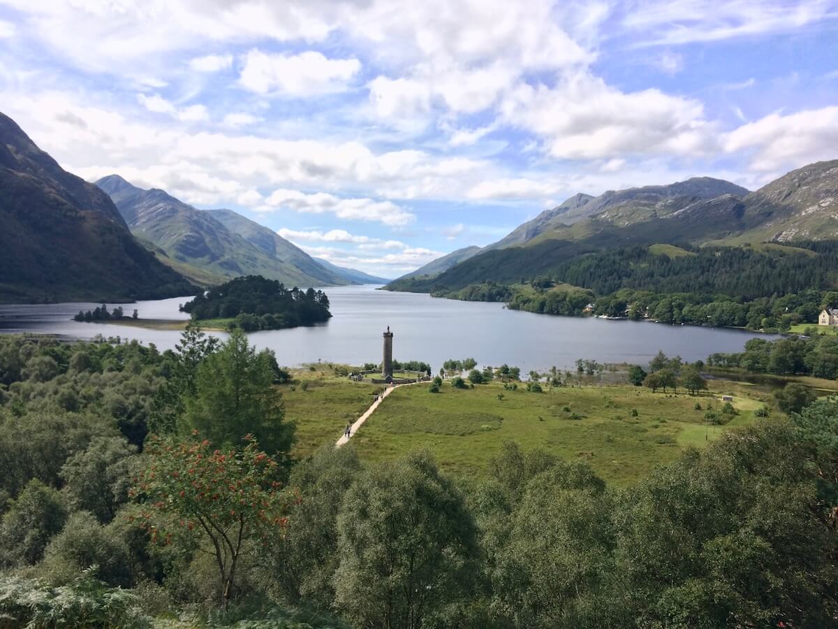 view of the monument at Glenfinnan and Loch Shiel