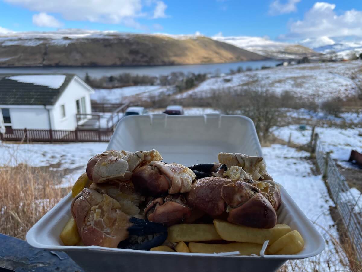 Foreground focus on a styrofoam container filled with fresh seafood, including oysters and mussels, atop golden British chunky chips, with a blurry background showcasing a snowy landscape. A white house and vehicles are visible, with hills rolling into the distance by the waterside under a partly cloudy sky in Carbost, Isle of Skye