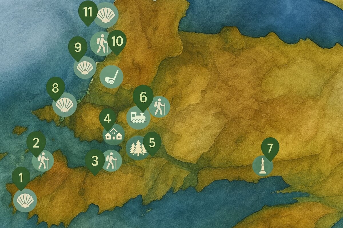 Watercolour-style map showing an extended view of Arisaig and its surroundings, marked with numbered icons for walking routes, shell waymarkers indicating beaches, a train station, a golf course, woodland and a monument. The map connects several coastal and inland paths from southwest to northeast, highlighting tourist interest points.