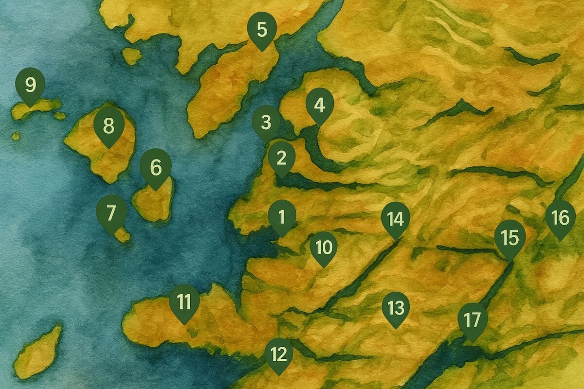 Illustrated map of the Lochaber region with numbered locations scattered across islands, coastlines and highland terrain. Locations include peninsulas, inland valleys and various points of interest both on land and surrounded by water, indicating a broad and scenic travel area.