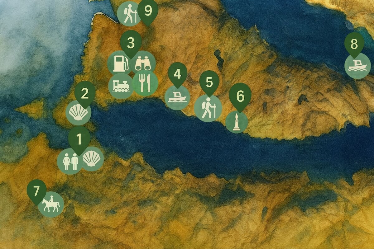 Map of Morar and surrounding coastline, marked with icons for hiking routes, a scenic viewpoint (binoculars), ferries and jetties, a monument, a train station and facilities like toilets and fuel. Numbered points follow a trail from south to north, with a horse-riding icon appearing at location 7, indicating horse-riding activities.