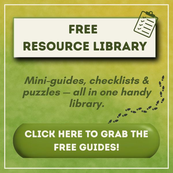 Green promotional graphic with a clipboard icon that reads “Free Resource Library” at the top. Below, it says “Mini-guides, checklists & puzzles — all in one handy library.” A green button at the bottom says, “Click here to grab the free guides!” with a dashed line forming a playful path toward the button.