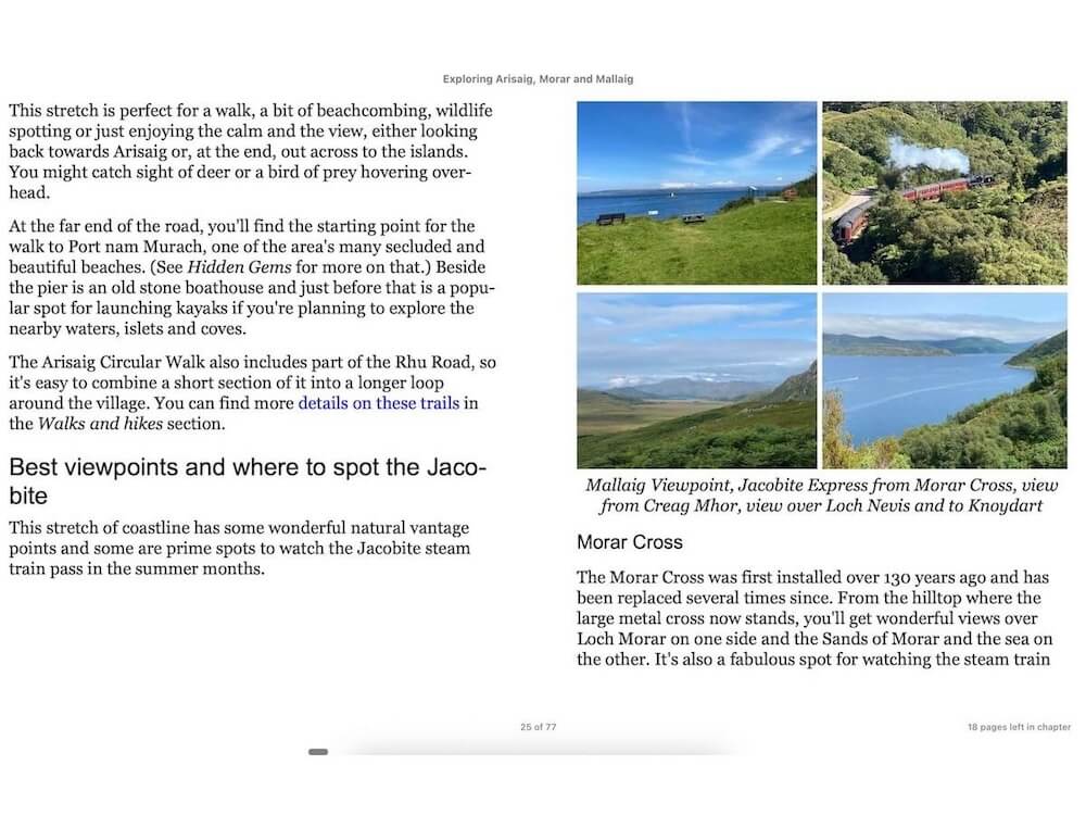 A digital guidebook page from Exploring Arisaig, Morar and Mallaig describing walks, beaches, and wildlife spotting. On the right, four photos show scenic viewpoints: a grassy hill overlooking the sea, the Jacobite steam train passing through green hills, a wide valley view, and a loch surrounded by mountains.