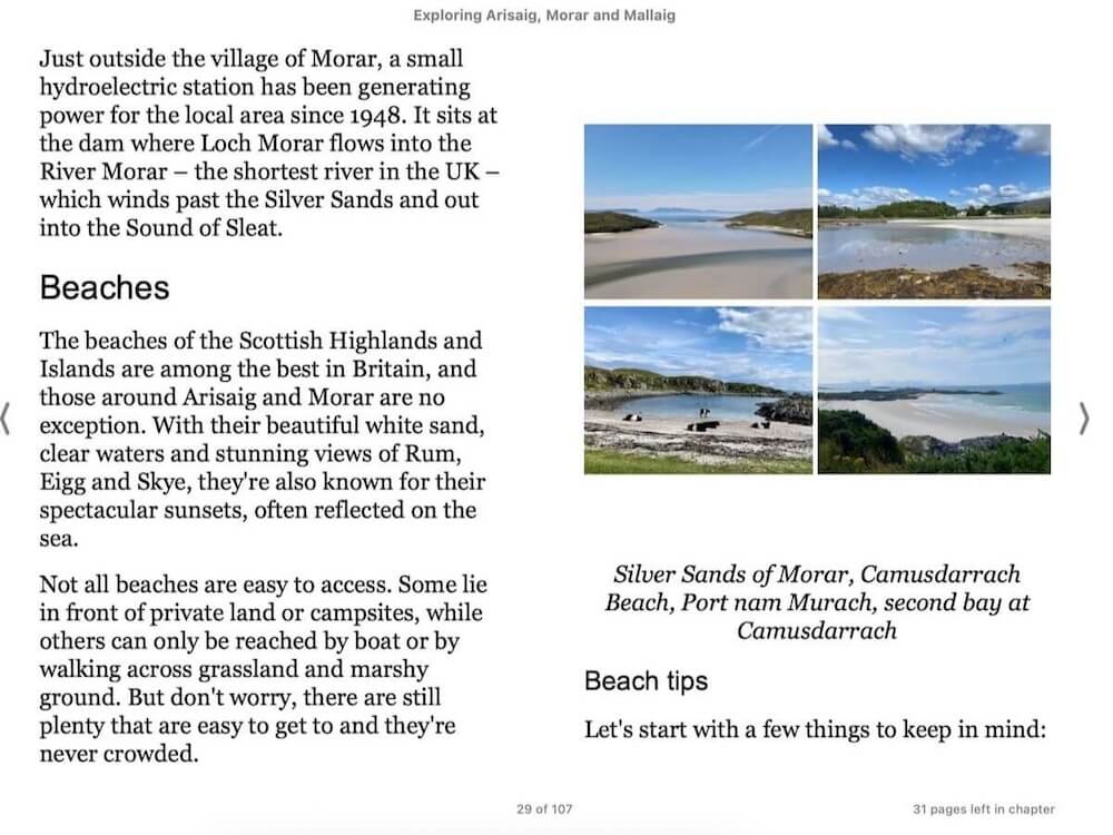 A guidebook page about the beaches of Arisaig and Morar in the Scottish Highlands. Four photos on the right show Silver Sands of Morar and Camusdarrach Beach with white sand, clear water, and views of distant islands.