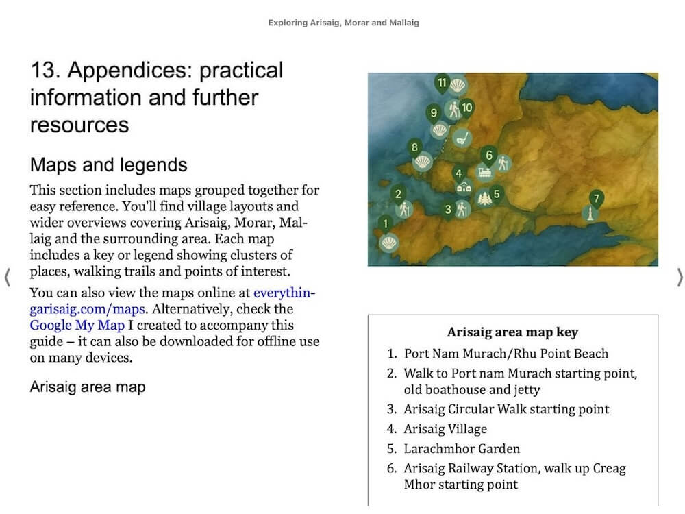 A guidebook page with a section titled “Appendices: practical information and further resources” and a map of Arisaig showing numbered points of interest. A key lists locations including Port nam Murach Beach, Arisaig Circular Walk, Larachmhor Garden, and Arisaig Railway Station.