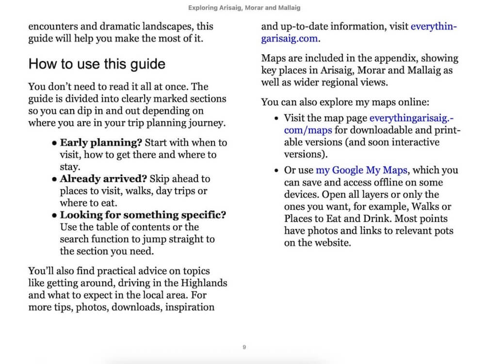 A guidebook page titled “How to use this guide” with tips for early trip planning, on-arrival exploring, and searching for specific information. The opposite page highlights included maps and links to online resources such as everythingarisaig.com and Google My Maps.