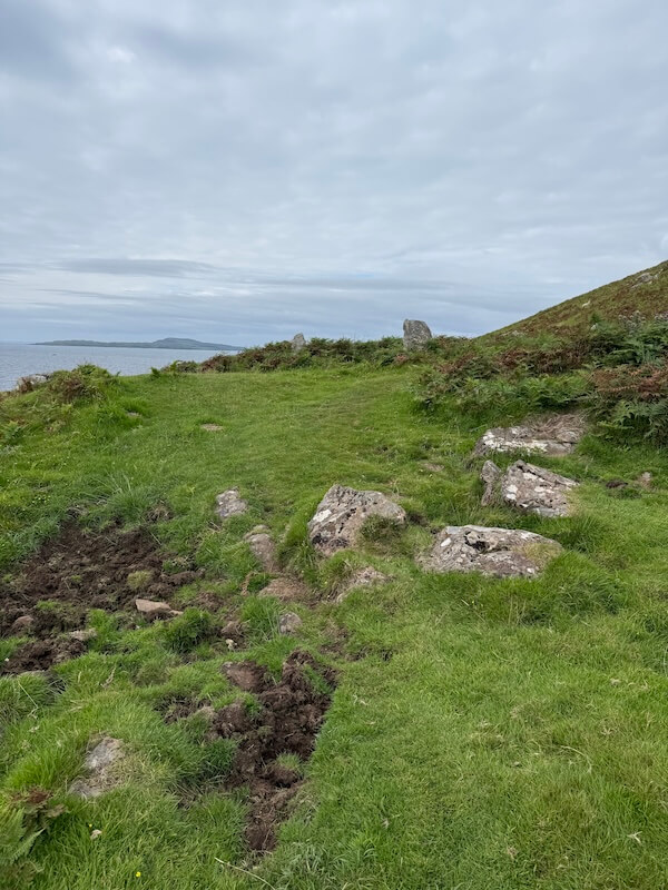 Grassy clearing dotted with rocks sits near the cliff edge, with the sea visible in the distance under a grey sky. The ground appears uneven with patches of disturbed soil.