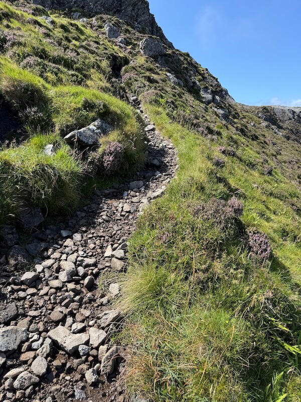 Narrow rocky path climbs a steep grassy hillside, with loose stones underfoot and bright sunlight overhead. The trail winds upward through rugged terrain.
