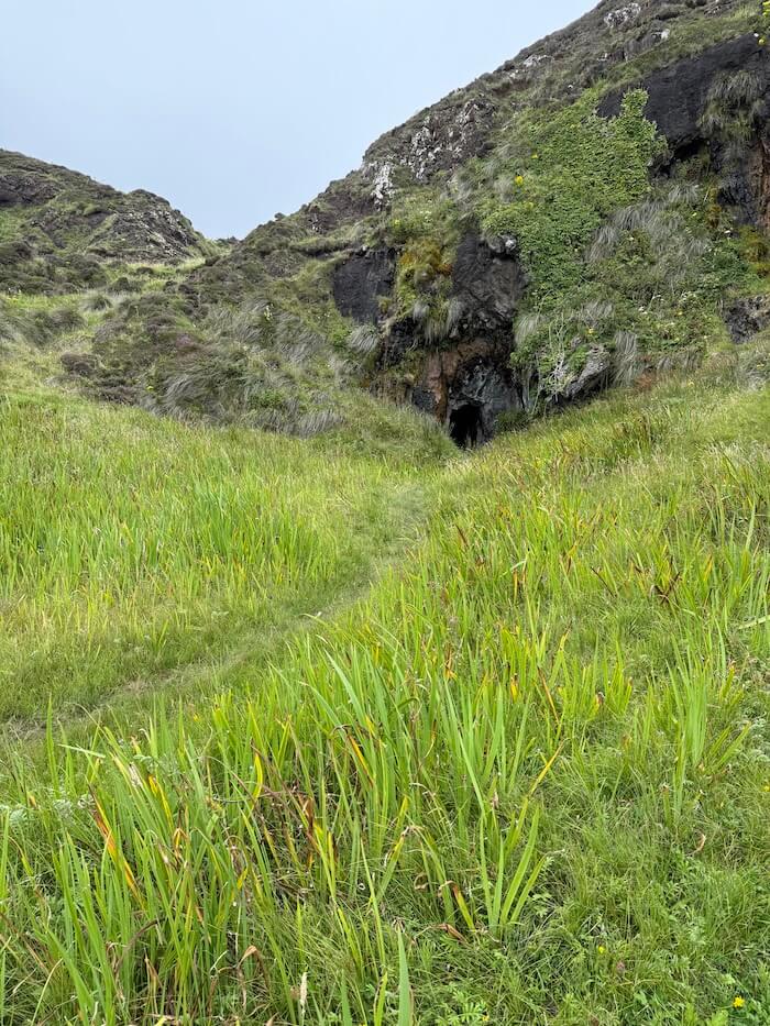 Narrow grassy path leads towards a small dark cave opening in a rocky hillside covered in vegetation. The slope rises on both sides under a grey sky.