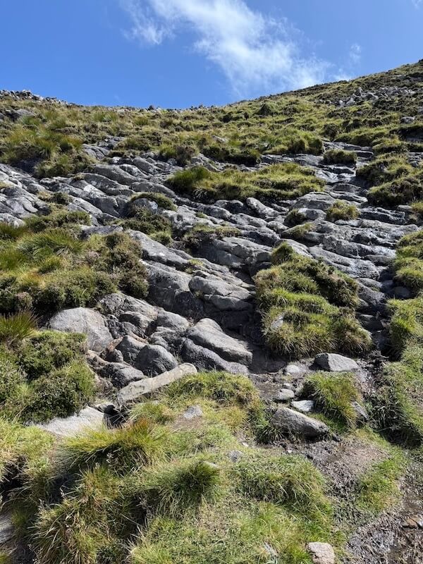 Rocky slope with patches of grass rises sharply, showing worn paths between exposed stone. The terrain looks challenging under a clear sky.