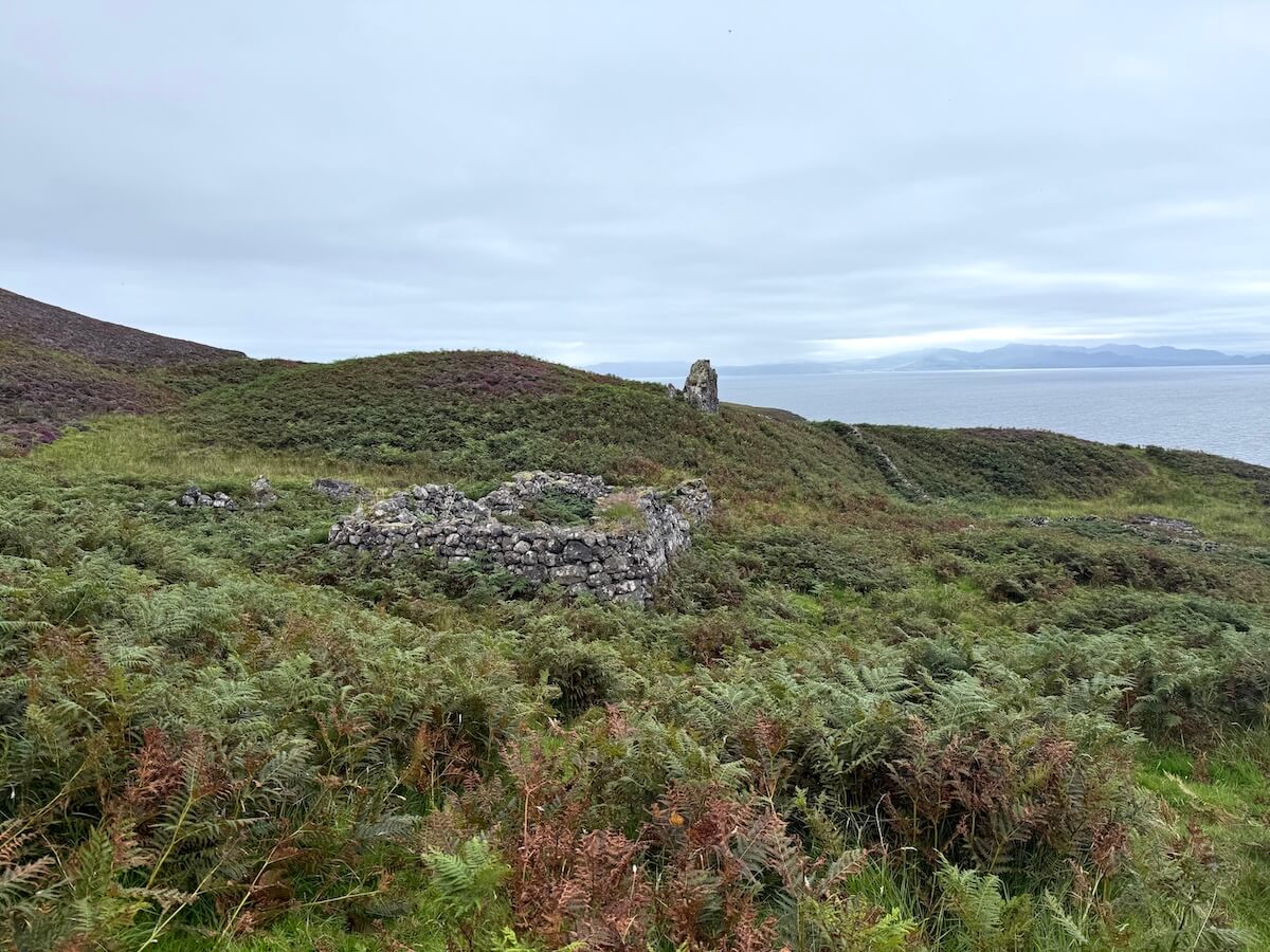 Low stone ruins sit among ferns and grassy hills overlooking the sea, with a lone standing stone further back. The coastal landscape stretches out under a grey sky.