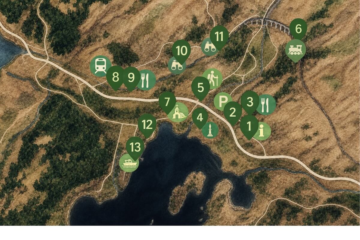 Illustrated map of Glenfinnan showing key visitor sights around the loch and walking routes. Numbered markers highlight attractions including the Glenfinnan Viaduct, viewpoint walks, visitor information, parking, train station, boat trips and places to eat.