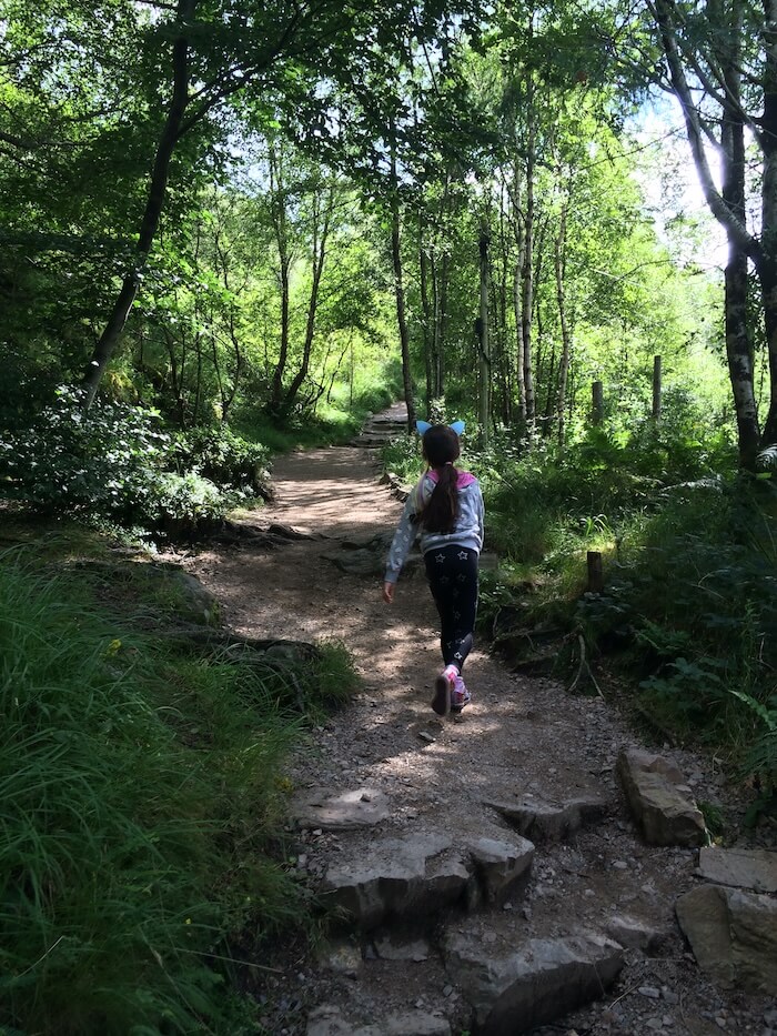 Child walking along a shaded woodland trail with rocky ground and tall trees in the Scottish Highlands.