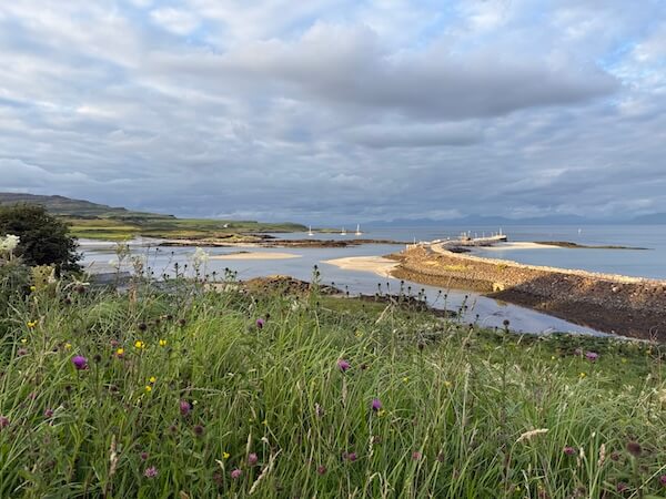 Wildflowers and long grasses overlook a sheltered tidal bay with sandy banks stone harbour walls and moored sailboats. Distant hills fade into the horizon under a soft cloudy sky.